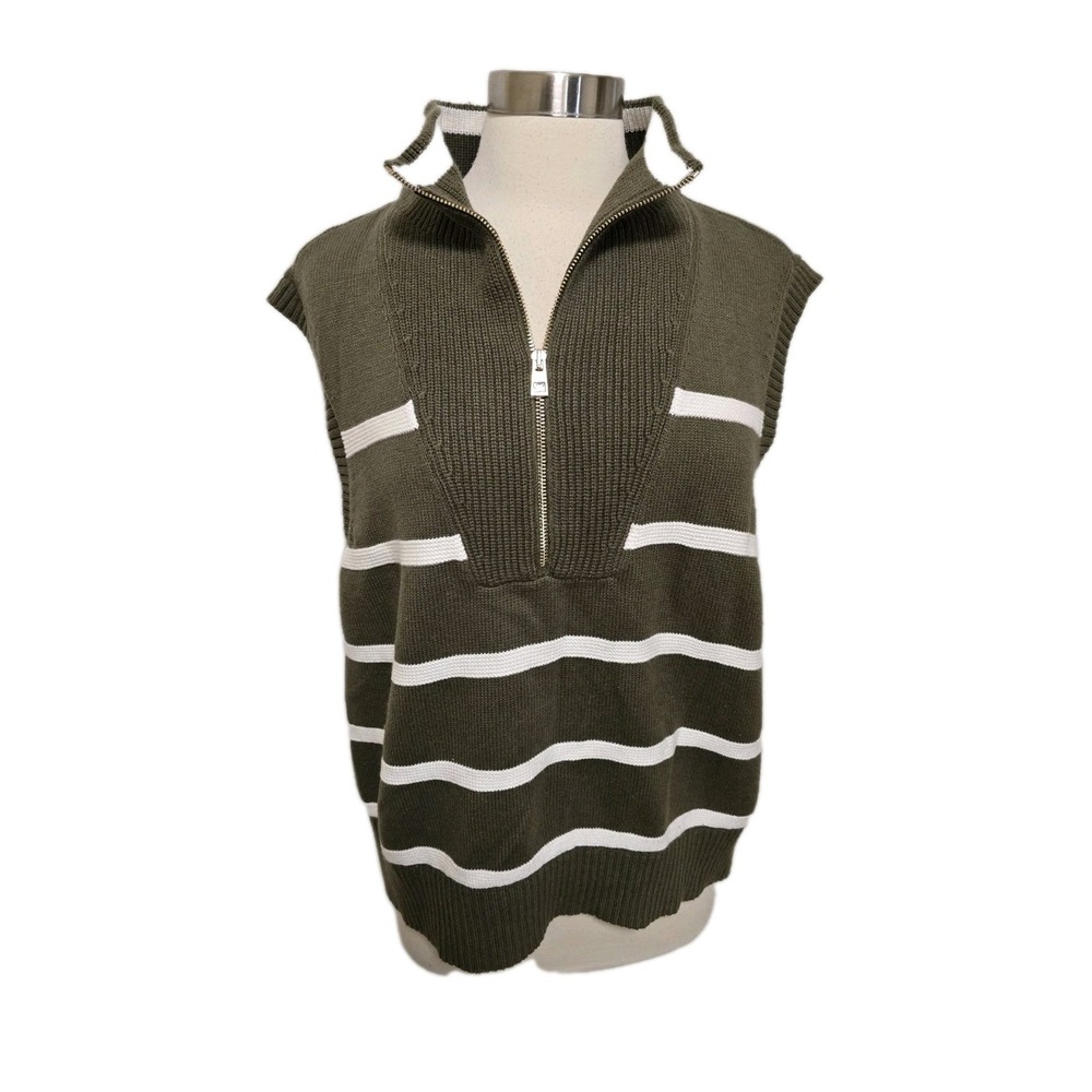 Talbots Sweater Vest‎ Green 1/2 Zip Striped Cotton Blend Womens Plus Size 2X